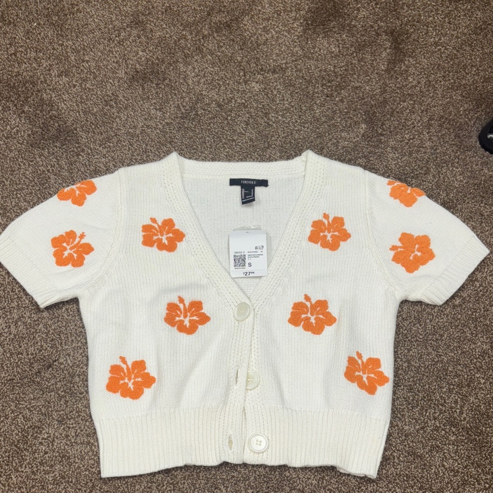 White Cardigan with Orange Floral Pattern